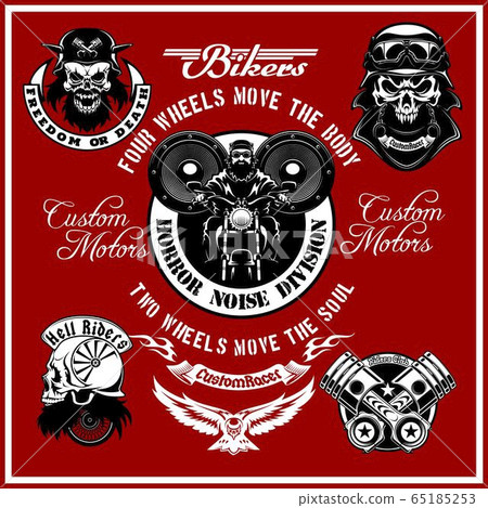 Custom motorcycles club Badge or Label With biker, wings and flame. Steel Legion. Custom motorcycles club Badge or Label With biker, wings and flame. Steel Legion. 65185253