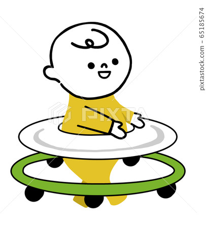 Illustration of a happy baby walking with a walker - Stock Illustration