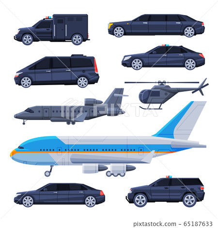 Government Vehicles Set, Black Presidential Auto, Airplane, Helicopter, Luxury Business Transportation Flat Vector Illustration 65187633