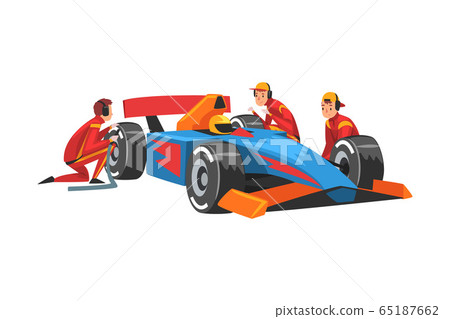 Pit Stop Crew Members in Uniform Changing Tire Wheels, Professional Mechanics Cartoon Characters Vector Illustration Pit Stop Crew Members in Uniform Changing Tire Wheels, Professional Mechanics Cartoon Characters Vector Illustration 65187662