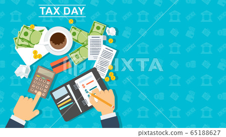 Tax day banner. Man calculates the cost of a calculator Tax day banner. Man calculates the cost of a calculator 65188627