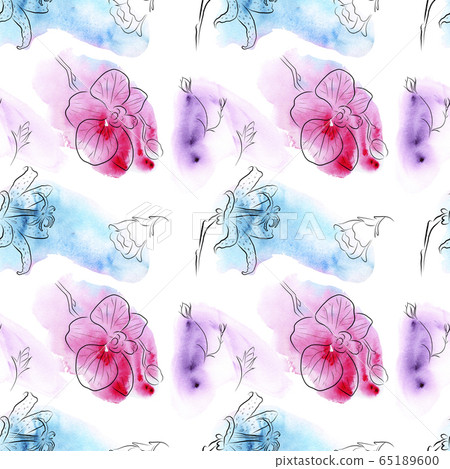 watercolor drawing of exotic flowers with contour - seamless pattern tricirtis, orchid 65189600
