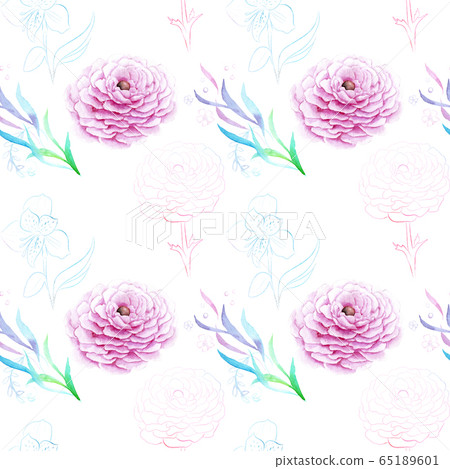 watercolor drawing of exotic flowers with contour - seamless pattern ranunculus 65189601