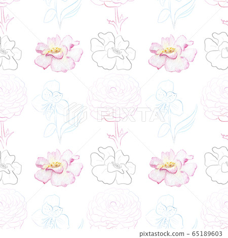 watercolor drawing of exotic flowers with contour - seamless pattern 65189603