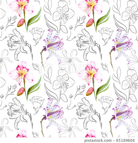 watercolor drawing of exotic flowers with contour - seamless pattern alstroemeria, tricirtis watercolor drawing of exotic flowers with contour - seamless pattern alstroemeria, tricirtis 65189608