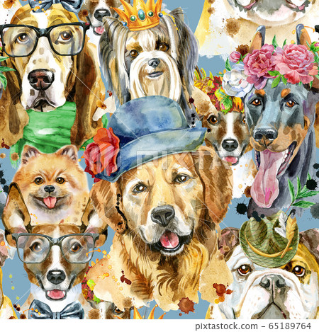 Watercolor seamless pattern of dogs on white-插圖素材 [65189764] - PIXTA圖庫