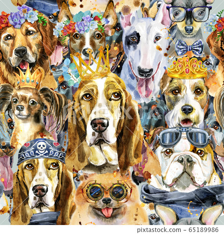 Watercolor seamless pattern of dogs on white 65189986