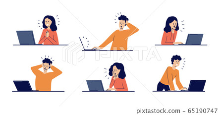 Set of modern isolated vector illustrations in flat style. Man and woman watching news. Happy, smiling, surprised, upset, frightened young people. Social network. Working on laptop at home. Set of modern isolated vector illustrations in flat style. Man and woman watching news. Happy, smiling, surprised, upset, frightened young people. Social network. Working on laptop at home. 65190747