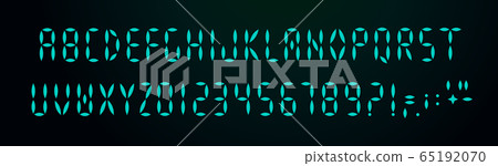 Digital font on black background. Glowing scoreboard typeface elements. Digital display alphabetical computer programming symbols. Matrix alphabet capital vector letters signs. 65192070