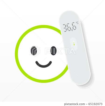 Non-contact digital thermometer on the white and green happy emoji background vector illustration. Covid-19 electronic device for temperature detection. Coronavirus, flu, fever, cold test logo. 65192073