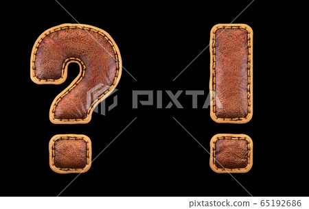 Set of symbols question mark and exclamation mark made of leather. 3D render font with skin texture isolated on black background. Set of symbols question mark and exclamation mark made of leather. 3D render font with skin texture isolated on black background. 65192686