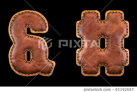 Set of symbols ampersand and hash made of leather. 3D render font with skin texture isolated on black background. 65192687