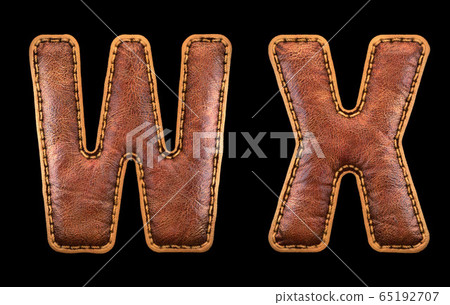 Set of leather letters W, X uppercase. 3D render font with skin texture isolated on black background. 65192707
