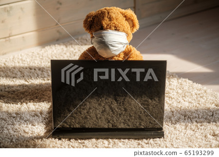 a Teddy bear in a medical mask sits in front of a 65193299