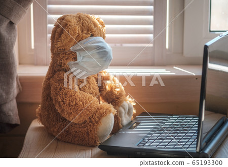 a Teddy bear in a medical mask sits in front of a 65193300