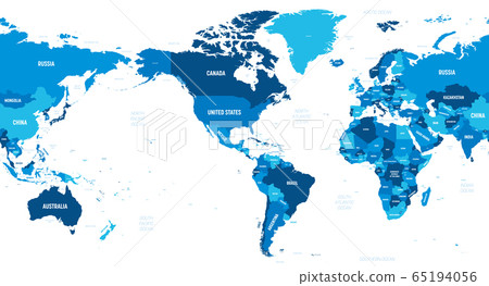 World map - America centered. Green hue colored on dark background. High detailed political map of World with country, capital, ocean and sea names labeling World map - America centered. Green hue colored on dark background. High detailed political map of World with country, capital, ocean and sea names labeling 65194056