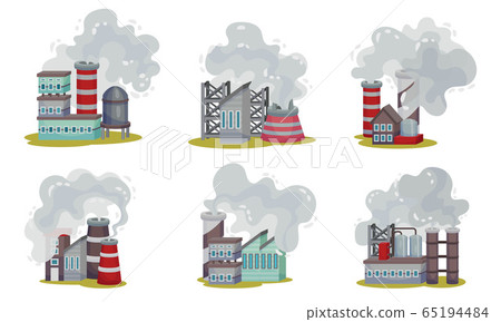 Industrial Plants Throwing Out Toxic Smoke Dangerous for the Environment Vector Set Industrial Plants Throwing Out Toxic Smoke Dangerous for the Environment Vector Set 65194484