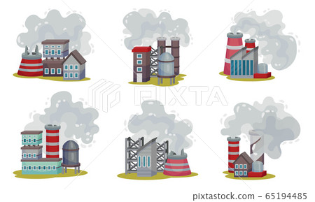 Industrial Plants Throwing Out Toxic Smoke Dangerous for the Environment Vector Set Industrial Plants Throwing Out Toxic Smoke Dangerous for the Environment Vector Set 65194485