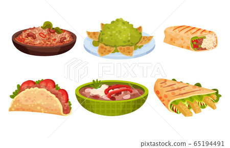 Mexican Snacks and Dishes Vector Set. Appetizing Traditional Courses and Starters Collection 65194491