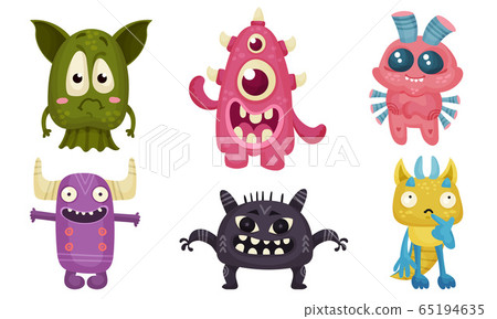 Big Eyed Monsters with Horns Expressing Emotions Vector Set 65194635