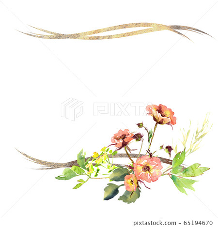 Wedding frame wreath bridal romanric rustic warm bouquet. Hand drawing watercolor pink and purple and orange flowers ornament 65194670