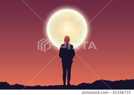 Lonely Girl At Full Moon Red Sky Landscape Stock Illustration 65196735 Pixta