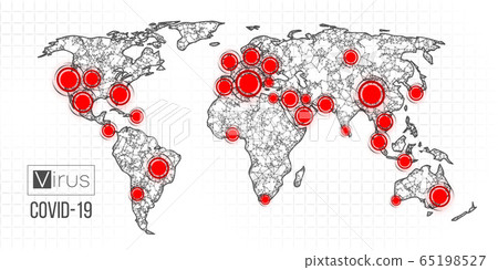 World map novel pandemic coronavirus COVID-2019. Epidemic spread by country on a white background. Analysis and study of a new virus. The invention of a vaccine against the 2019-nCoV. Vector 65198527