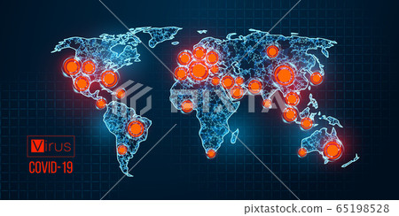 World map novel pandemic coronavirus COVID-2019. Epidemic spread by country on a blue background. Analysis and study of a new virus. The invention of a vaccine against the 2019-nCoV. Vector 65198528