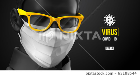 Novel coronavirus COVID-2019. Man in black color in white mask on a black background. Virus 2019-nCoV logo. Stay at home. Work from home. Medical mask and virus protection. Vector illustration Novel coronavirus COVID-2019. Man in black color in white mask on a black background. Virus 2019-nCoV logo. Stay at home. Work from home. Medical mask and virus protection. Vector illustration 65198544