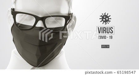 Novel coronavirus COVID-2019. Man in white color in black mask on a white background. Virus 2019-nCoV logo. Stay at home. Work from home. Medical mask and virus protection. Vector illustration 65198547
