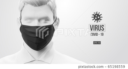 Novel coronavirus COVID-2019. Man in white color in black mask on a white background. Virus 2019-nCoV logo. Stay at home. Work from home. Medical mask and virus protection. Vector illustration 65198559