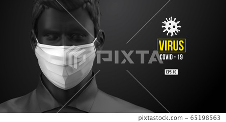 Novel coronavirus COVID-2019. Man in black color in white mask on a black background. Virus 2019-nCoV logo. Stay at home. Work from home. Medical mask and virus protection. Vector illustration Novel coronavirus COVID-2019. Man in black color in white mask on a black background. Virus 2019-nCoV logo. Stay at home. Work from home. Medical mask and virus protection. Vector illustration 65198563