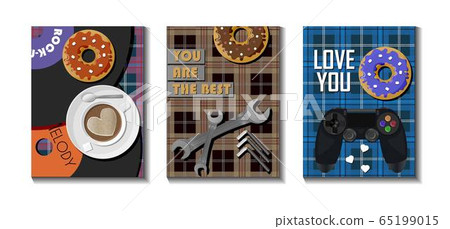 flyers cards for father s day, congratulations on defender s day. Card for the music lover, the gamer or master. Postcards with a checkered background. Cards for banners, websites, and ads. 65199015