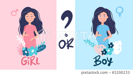 Vector illustration of cute young pregnant woman wondering about her future baby gender. It s a boy or girl quiz. Expecting woman standing and thinking, newborn boy and girl. 65200233