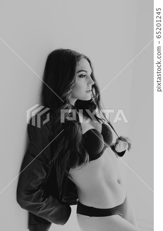 brunette girl in leather jacket and black lingerie brunette girl in leather jacket and black lingerie 65201245