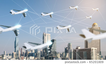 Airplanes flying with network fiber on skyscraper 65201809