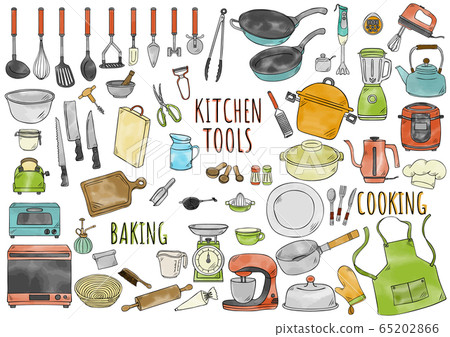 Set of baking tools and kitchen utensils. Hand drawn watercolor