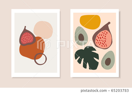 Set of summer artistic greeting cards, invitations. Cut figs, avocado fruit, monstera leaf and abstract geometric shapes. Modern minimalist vector drawing. Tropical posters, wall art, brochure covers. Set of summer artistic greeting cards, invitations. Cut figs, avocado fruit, monstera leaf and abstract geometric shapes. Modern minimalist vector drawing. Tropical posters, wall art, brochure covers. 65203783