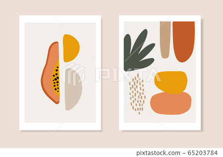 Set of summer artistic greeting cards, invitations. Cut papaya fruit, palm leaf and abstract geometric shapes. Modern minimalist vector drawing, web banners. Tropical posters, wall art, brochure cover Set of summer artistic greeting cards, invitations. Cut papaya fruit, palm leaf and abstract geometric shapes. Modern minimalist vector drawing, web banners. Tropical posters, wall art, brochure cover 65203784