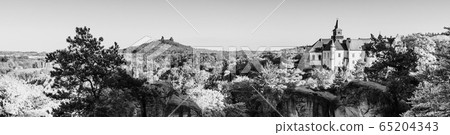 Spring landscape panorama of Bohemian Paradise, Czech: Cesky Raj. Hruba Skala castle and Trosky ruins. Czech Republic 65204343