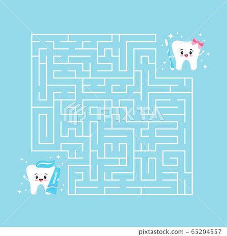 Cute tooth emoji and maze game vector flat illustration. 65204557