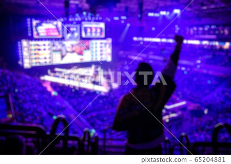 Blurred background of an esports event - Fan on a tribune at tournament's arena with hands raised. Cheering for his favorite team. 65204881