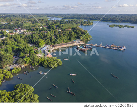 Aerial shot of Pemba island, zanzibar archipelago. Harbor in Wete city at evening time 65205085