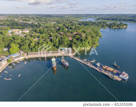Aerial shot of Pemba island, zanzibar archipelago. Harbor in Wete city at evening time 65205086