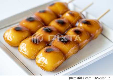 Mitarashi Dango Japanese confectionery white background Mitarashi Dango Japanese confectionery white background 65206406