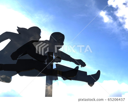 CG 3D illustration: Men and women silhouettes jumping over the wall Challenge of possibility of hurdles 65206437