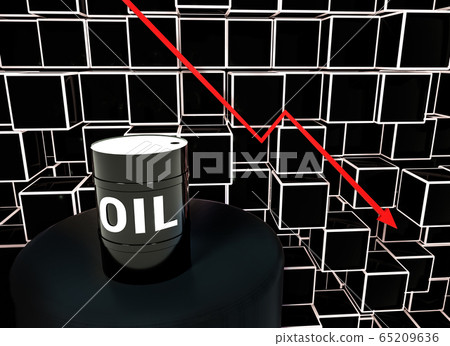 3d Rendered. Concept of falling market in oil industry with with downward graphics and oil barrel 3d Rendered. Concept of falling market in oil industry with with downward graphics and oil barrel 65209636