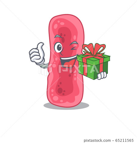 Smiling shigella sonnei cartoon character having a green gift box Smiling shigella sonnei cartoon character having a green gift box 65211565