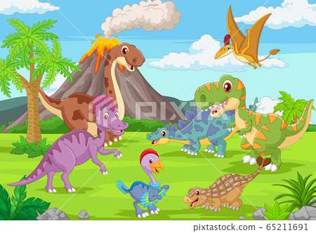 Group of funny dinosaurs in the jungle 65211691