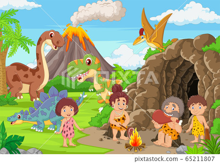 Group of cartoon cavemen and dinosaurs in the forest 65211807